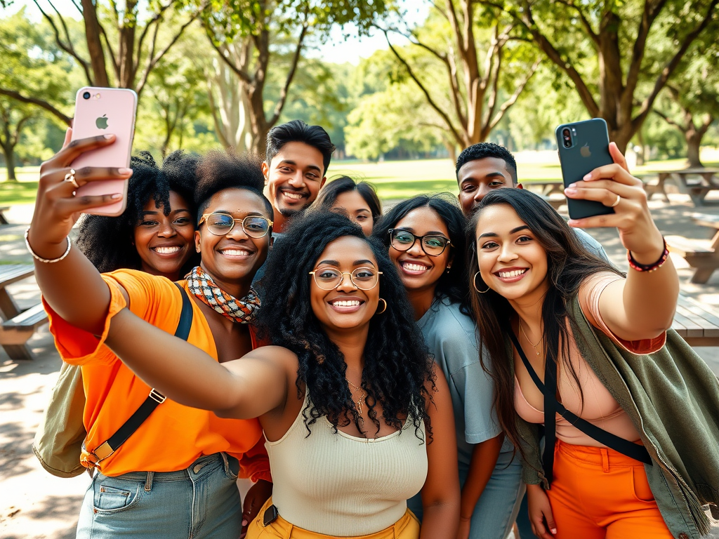 Un groupe d'amis souriants pose ensemble pour un selfie dans un parc verdoyant.