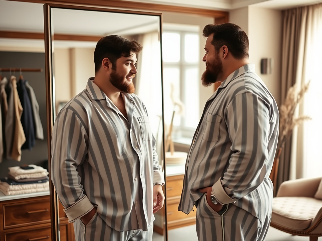 Deux hommes dans des pyjamas à rayures se regardent dans un miroir, souriants, dans une chambre élégante.