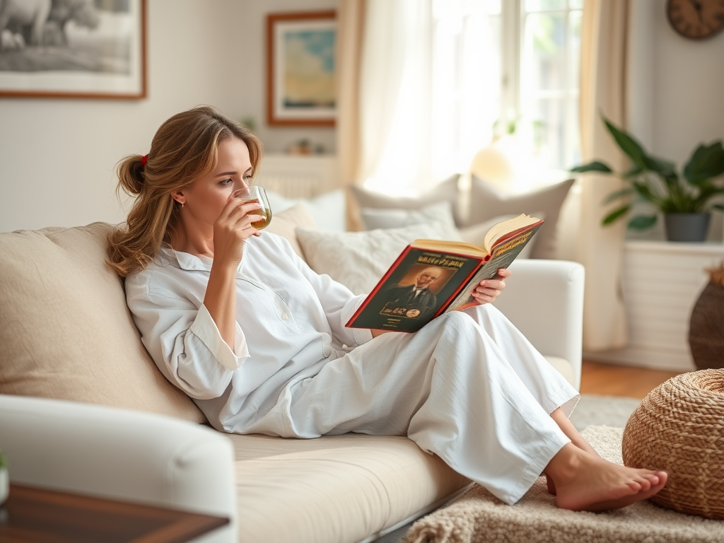 Une femme détendue, vêtue de blanc, lit un livre tout en sirotant une boisson sur un canapé confortable.