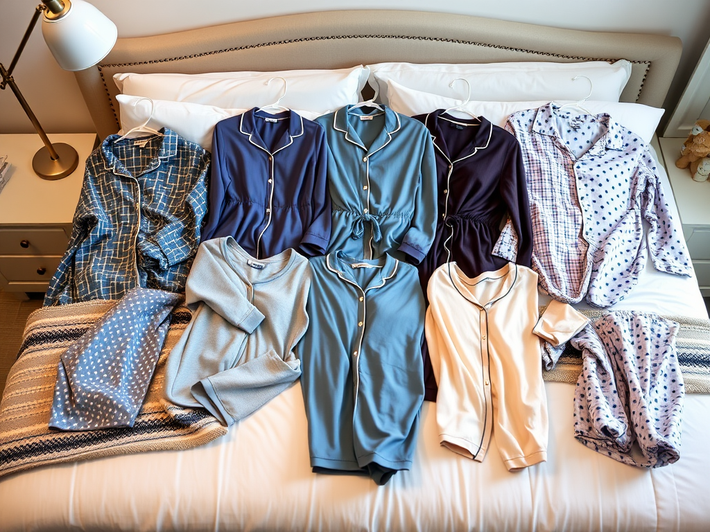 Une sélection de pyjamas colorés disposés sur un lit, avec des touches de bleu, violet et motifs variés.