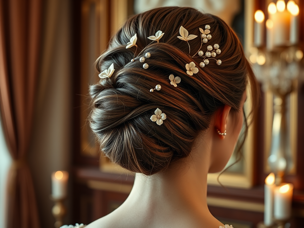 Une coiffure élégante avec des fleurs et des perles, vue de dos dans un décor raffiné.