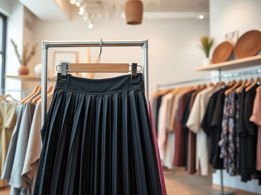 Une jupe plissée noire suspendue dans un magasin de vêtements, avec d'autres vêtements en arrière-plan.