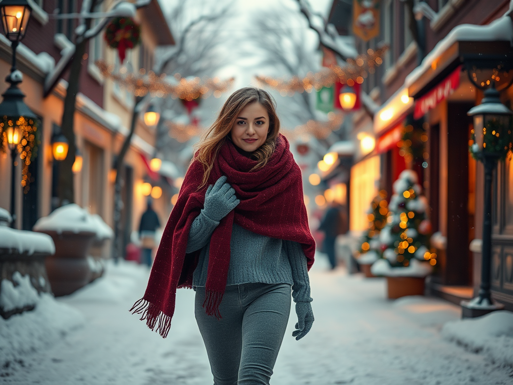 Une femme souriante marche dans une rue enneigée, vêtue d'une écharpe rouge, entourée de décorations de Noël.