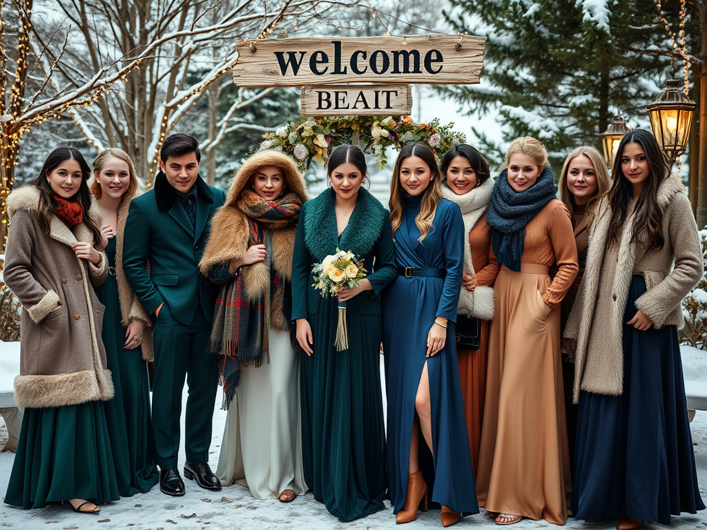 Groupe d'amis en tenue élégante devant un panneau "welcome BEAIT" dans un paysage enneigé.