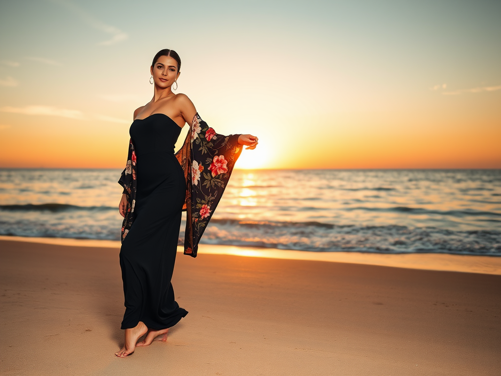 Une femme en robe noire et kimono fleuri marche sur la plage au coucher de soleil, près de l'océan.