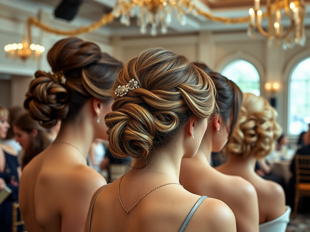 Quatre femmes aux cheveux élégamment coiffés, vues de dos, dans une salle festive avec des chandeliers.