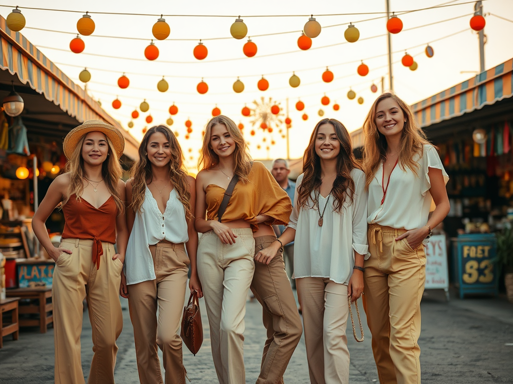 Cinq femmes souriantes portant des vêtements d'été se tiennent ensemble, entourées de décorations lumineuses.