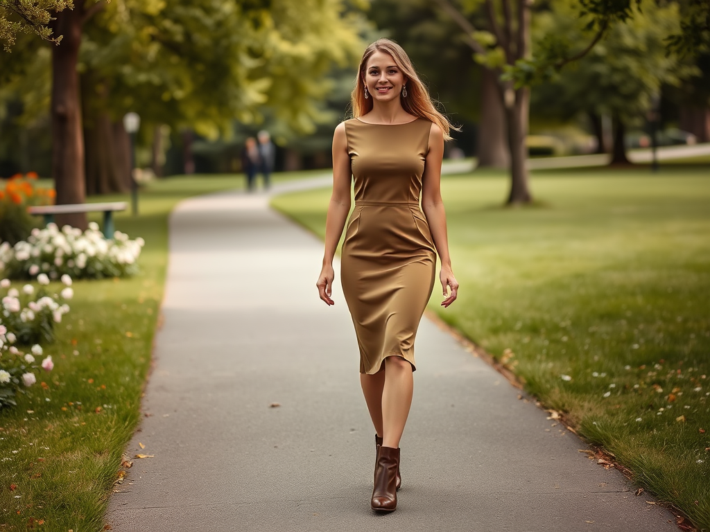 Une femme souriante marche sur un chemin au parc, vêtue d'une robe dorée et de bottines marron.