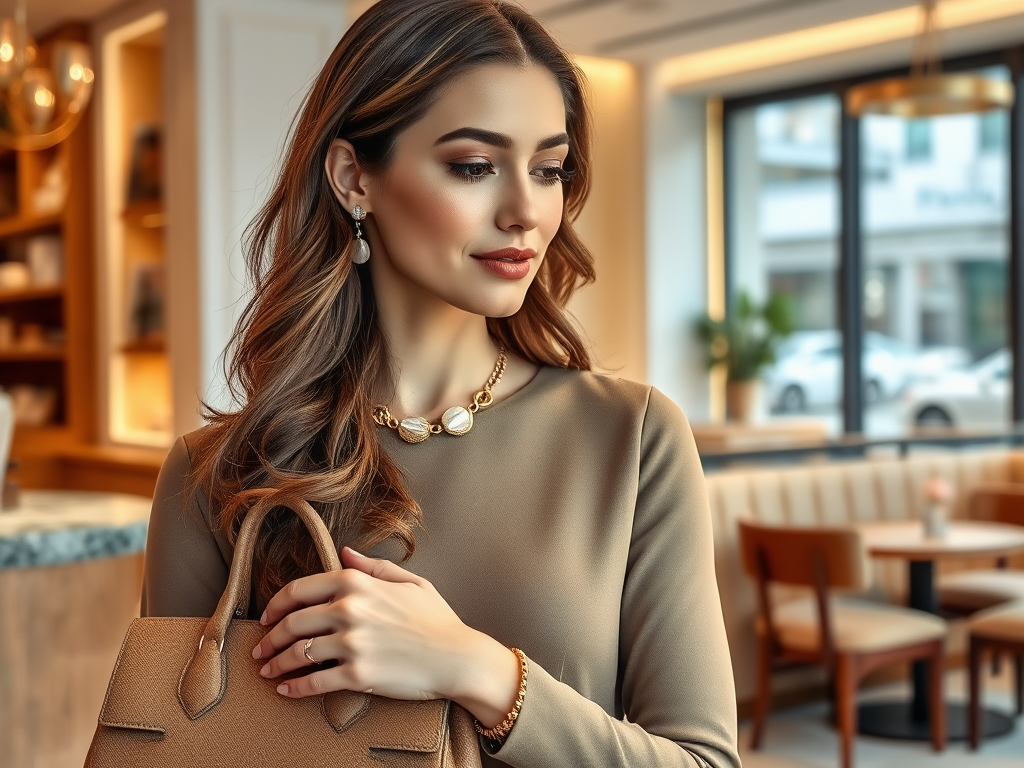 Une femme élégante avec des boucles, un top beige et des accessoires, tenant un sac à main dans un café lumineux.