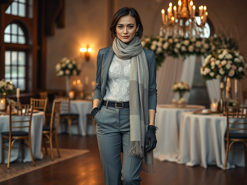 Une femme élégante en costume gris et écharpe pose dans une salle de réception décorée avec des fleurs.