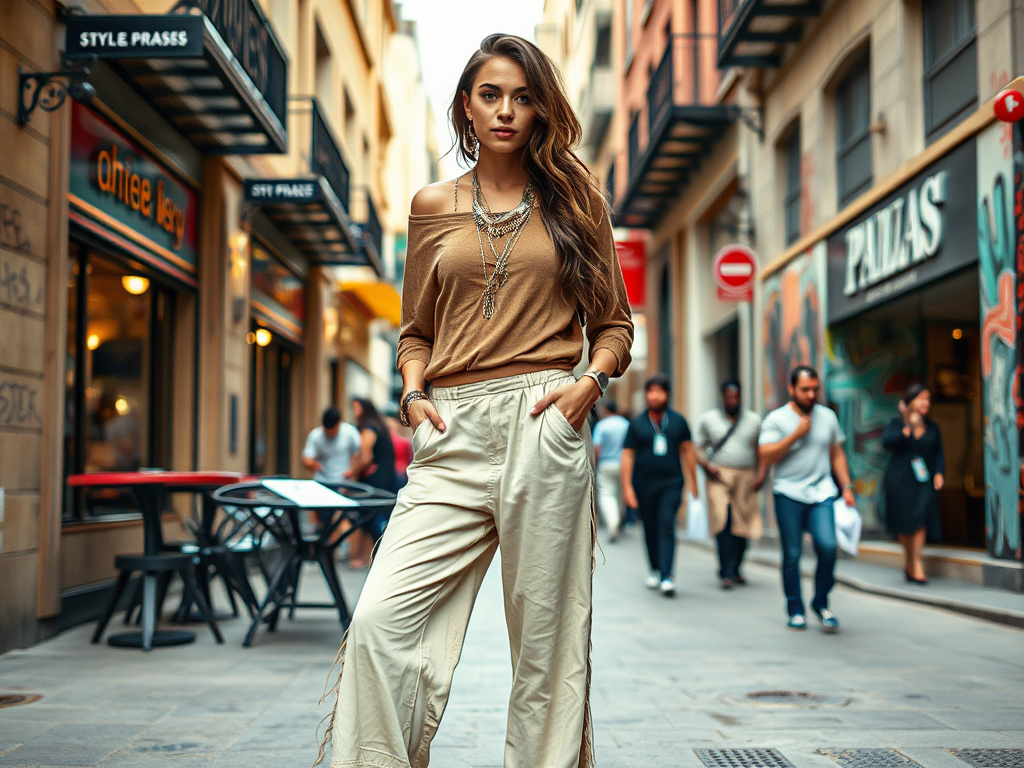 Une femme élégante se tient dans une rue animée, vêtue d'un haut marron et de pantalons beige.