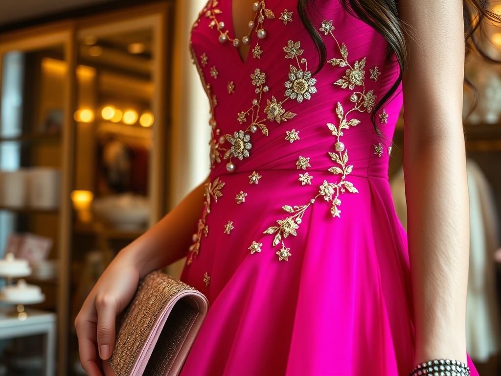Une robe rose vif ornée de broderies florales et de perles, tenue avec un sac à main élégant.