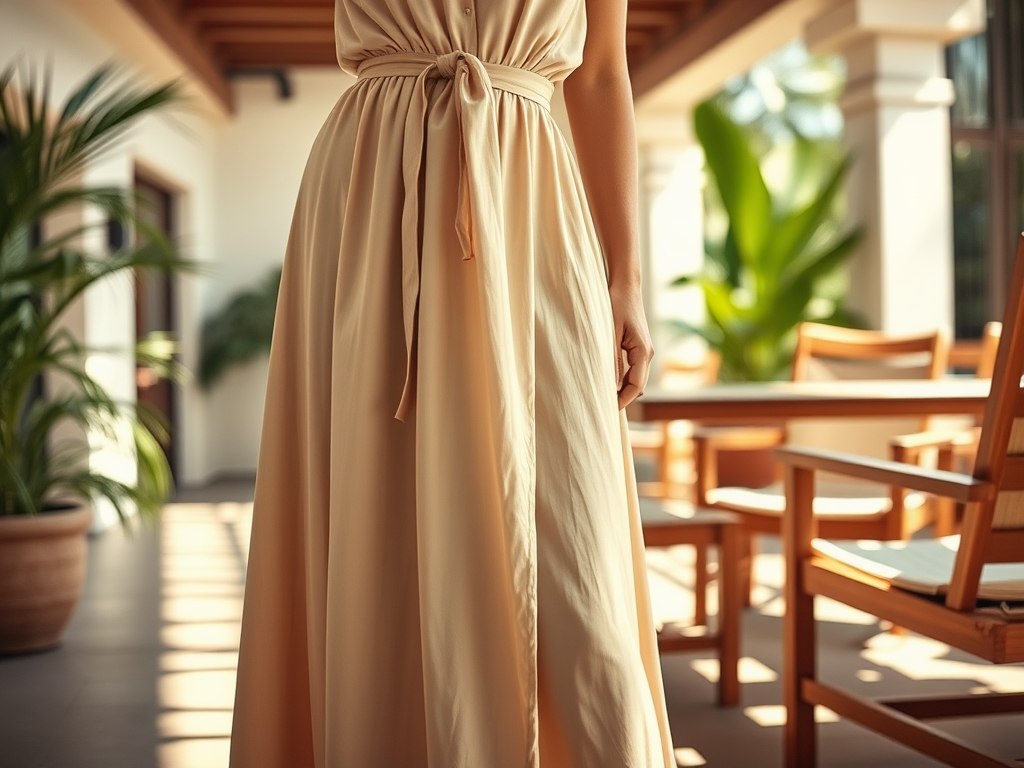 Une femme porte une robe longue beige dans un environnement intérieur lumineux, avec des plantes et des chaises en bois.